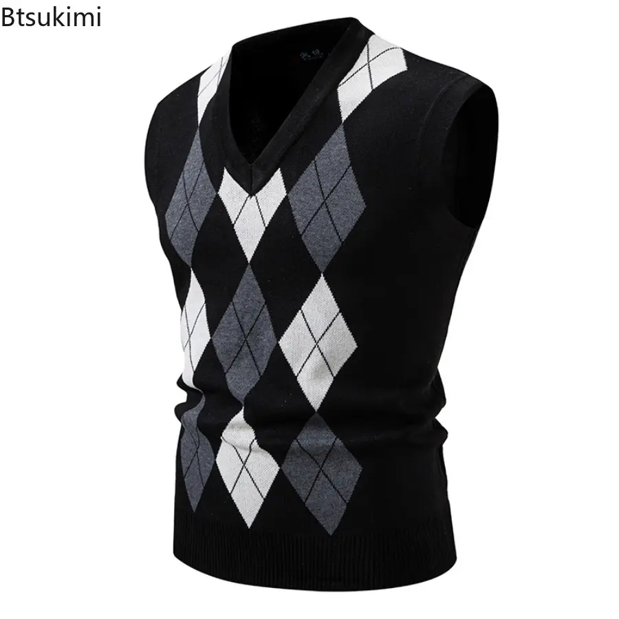 2025 Men's Argyle Knitwear Vest V Neck Sleeveless Casual Slim Fit Pullover Knitted Sweater Outdoor Streetwear Casual Tank Tops
