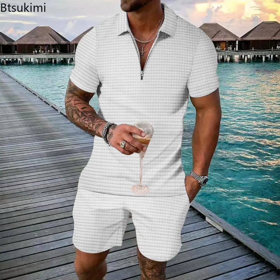 New Men's Summer Two Pieces Sets Fashion Half Zip Short Sleeve Polo Shirt and Drawstring Shorts Casual Suit Male Loose Tracksuit