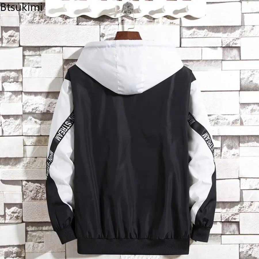 2025 Men's Splicing Zip Casual Thin Coats Fashion Hooded Jacket Trend Streetwear Man High Quality Handsome Jacket Oversized 5XL