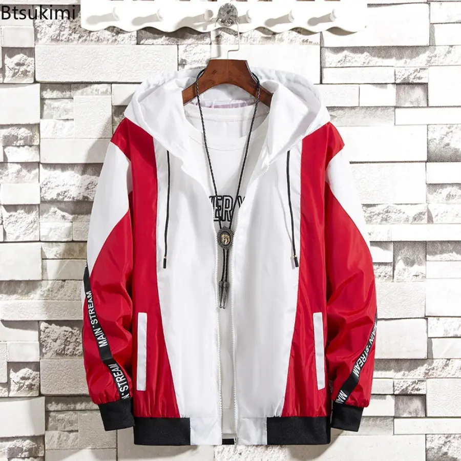 2025 Men's Splicing Zip Casual Thin Coats Fashion Hooded Jacket Trend Streetwear Man High Quality Handsome Jacket Oversized 5XL
