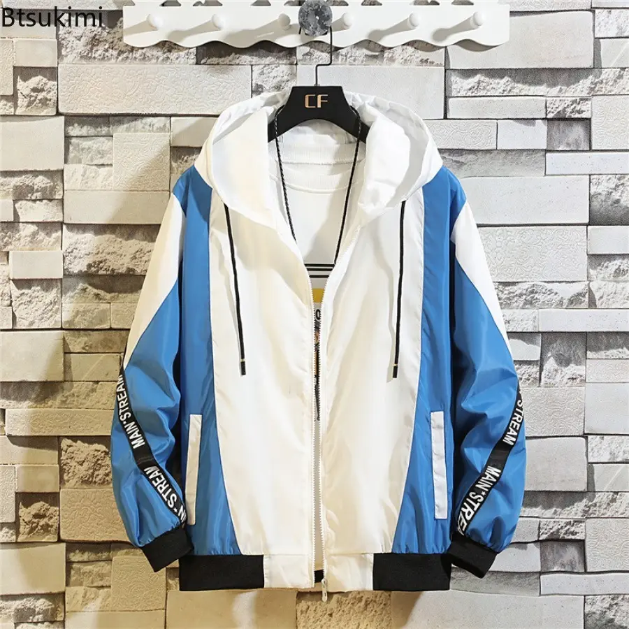 2025 Men's Splicing Zip Casual Thin Coats Fashion Hooded Jacket Trend Streetwear Man High Quality Handsome Jacket Oversized 5XL