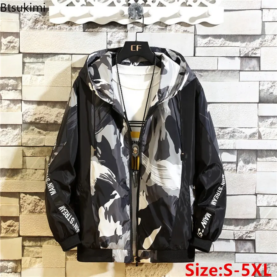 2025 Men's Splicing Zip Casual Thin Coats Fashion Hooded Jacket Trend Streetwear Man High Quality Handsome Jacket Oversized 5XL