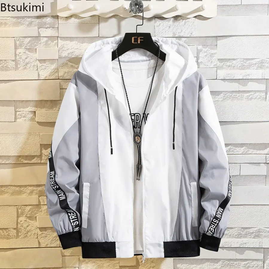 2025 Men's Splicing Zip Casual Thin Coats Fashion Hooded Jacket Trend Streetwear Man High Quality Handsome Jacket Oversized 5XL