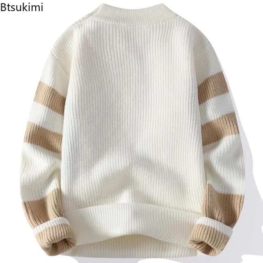 Men's Autumn Winter New Round Neck Sweater Fashion Patchwork Knitted Warm Pullovers Man Slim Fit Casual Knitwear Sweaters Tops