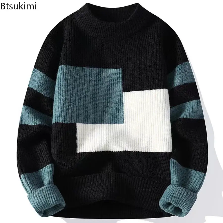 Men's Autumn Winter New Round Neck Sweater Fashion Patchwork Knitted Warm Pullovers Man Slim Fit Casual Knitwear Sweaters Tops