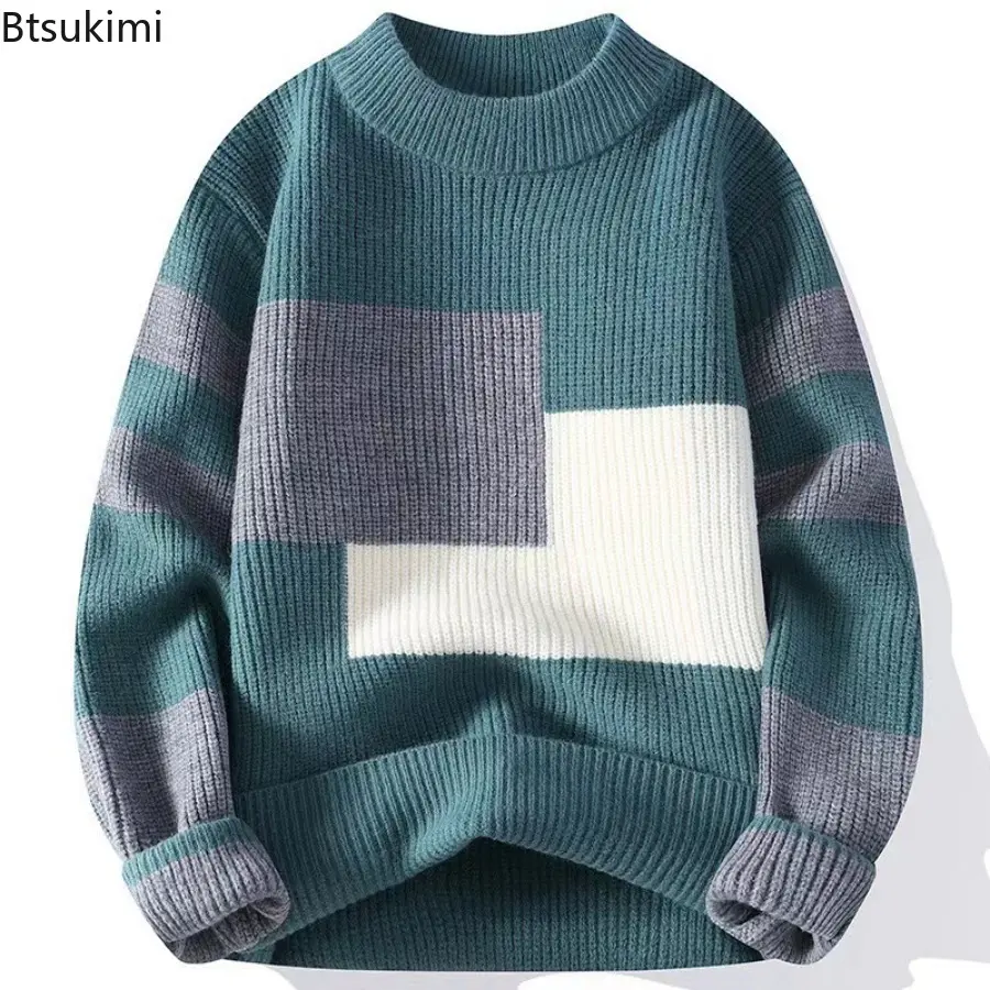 Men's Autumn Winter New Round Neck Sweater Fashion Patchwork Knitted Warm Pullovers Man Slim Fit Casual Knitwear Sweaters Tops