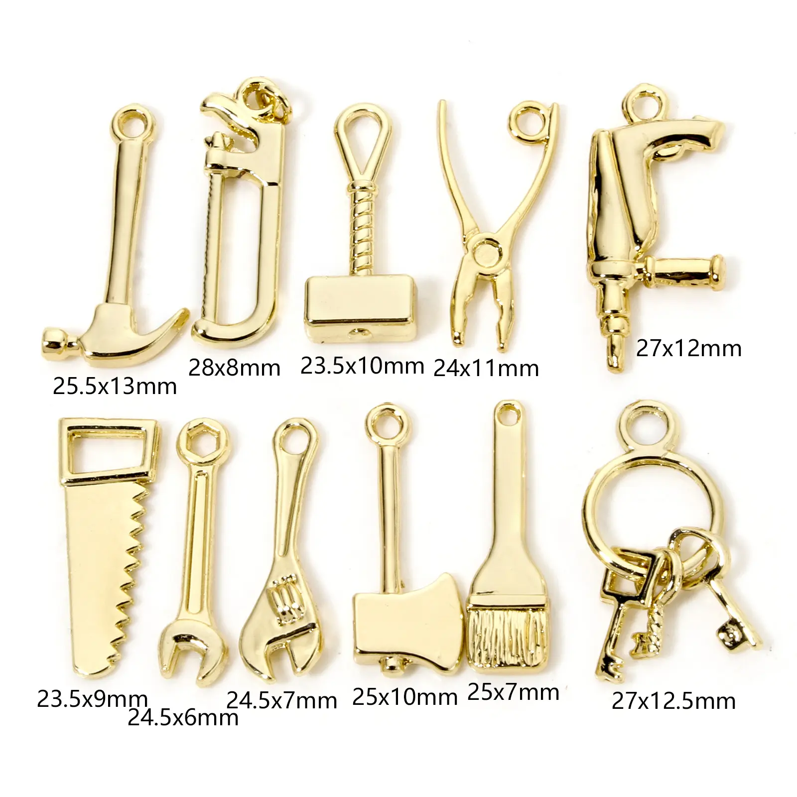 10 Piece Zinc Based Alloy Charms 18k Gold Plated Tools 3D Electric Drill Hammer Wrench Saw Pendants For DIY Necklace Making