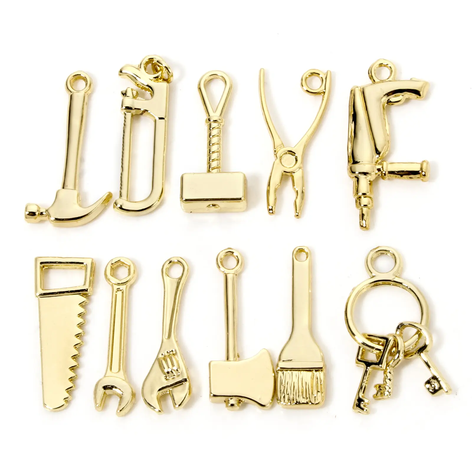 10 Piece Zinc Based Alloy Charms 18k Gold Plated Tools 3D Electric Drill Hammer Wrench Saw Pendants For DIY Necklace Making
