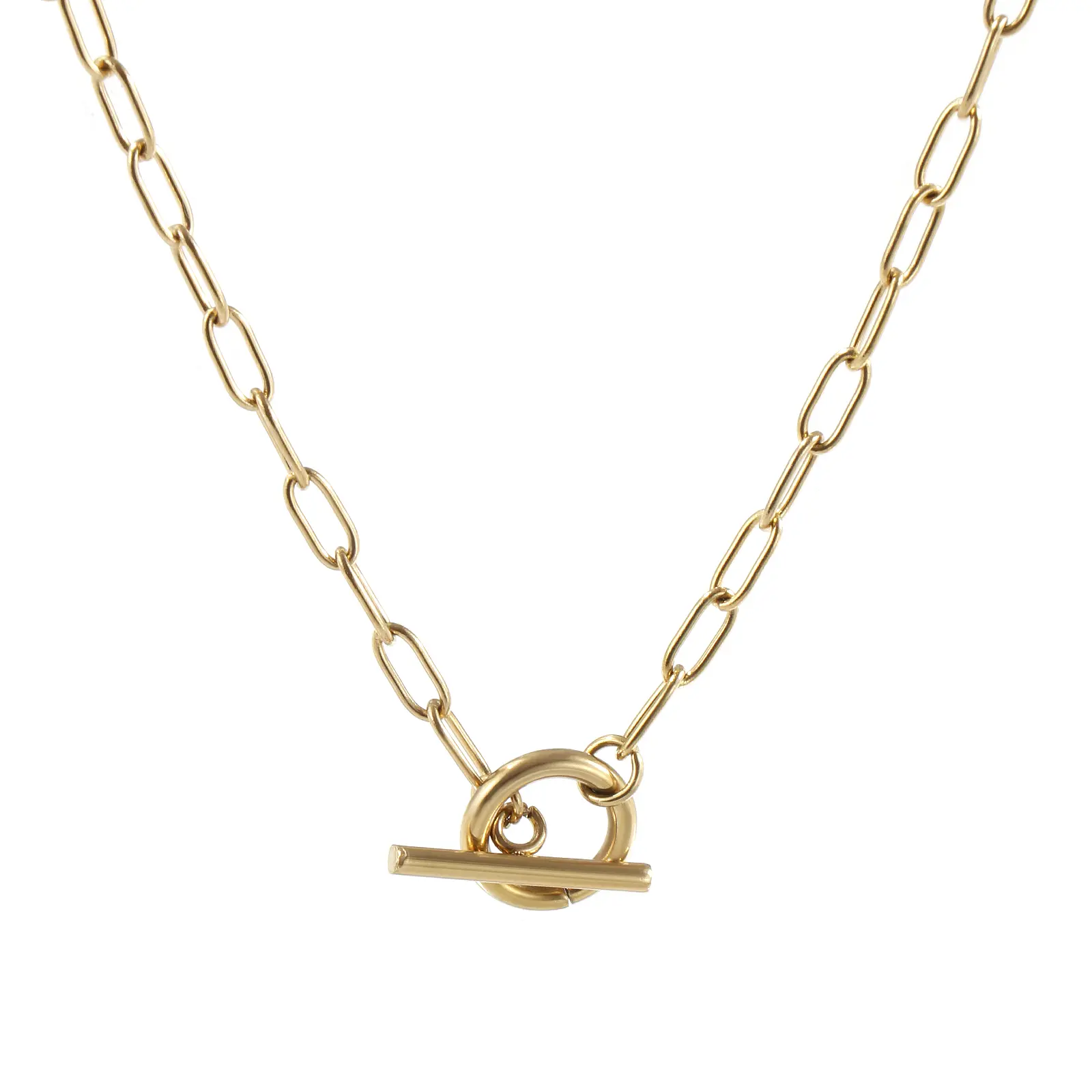 1 PC Minimalist 18K Real Gold Plated 304 Stainless Steel Paperclip Link Chain With Toggle Clasp Necklace Unisex Gift 45cm long