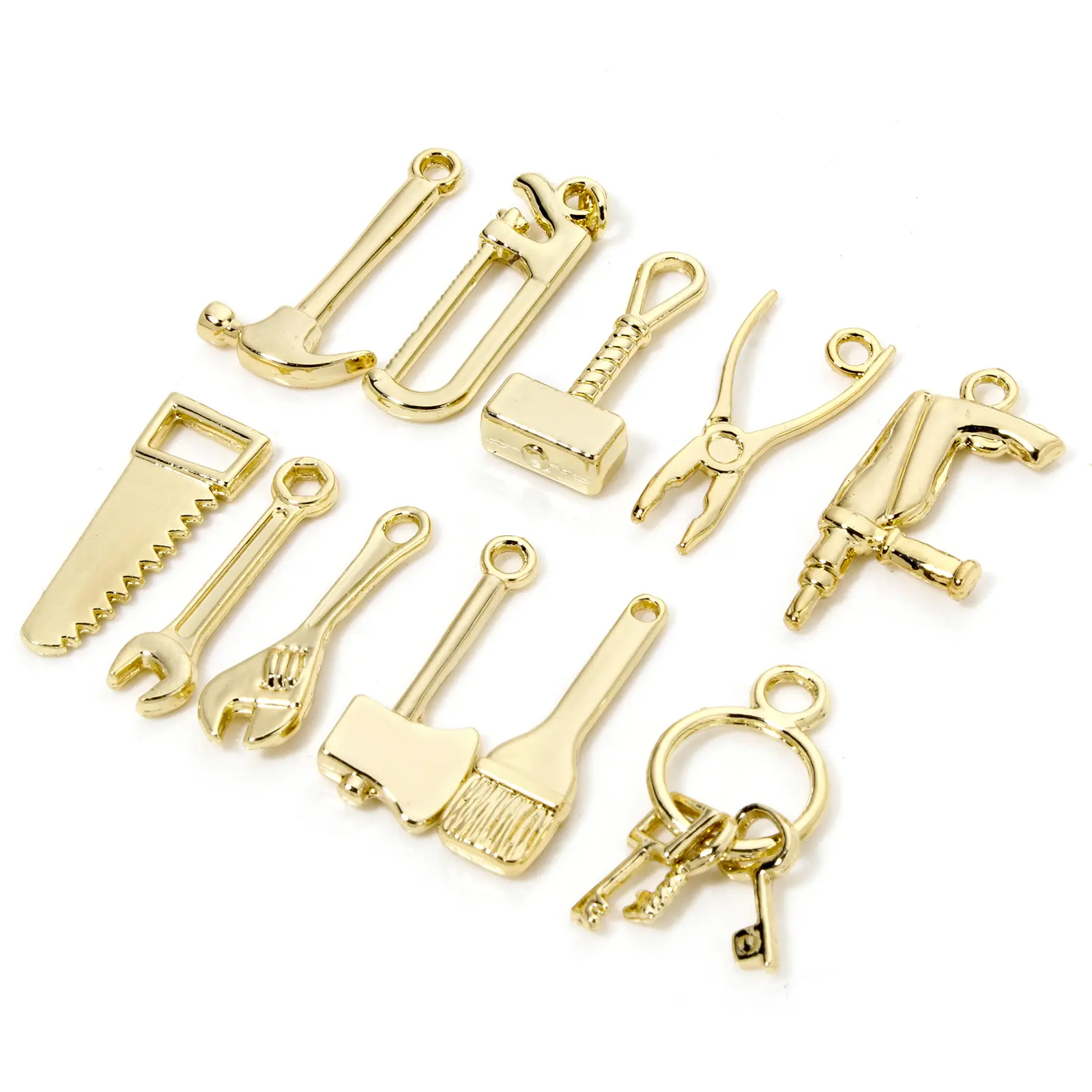 10 Piece Zinc Based Alloy Charms 18k Gold Plated Tools 3D Electric Drill Hammer Wrench Saw Pendants For DIY Necklace Making