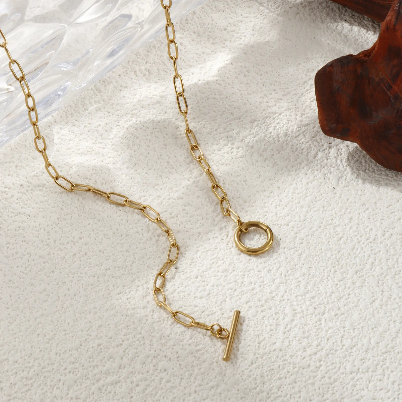 1 PC Minimalist 18K Real Gold Plated 304 Stainless Steel Paperclip Link Chain With Toggle Clasp Necklace Unisex Gift 45cm long