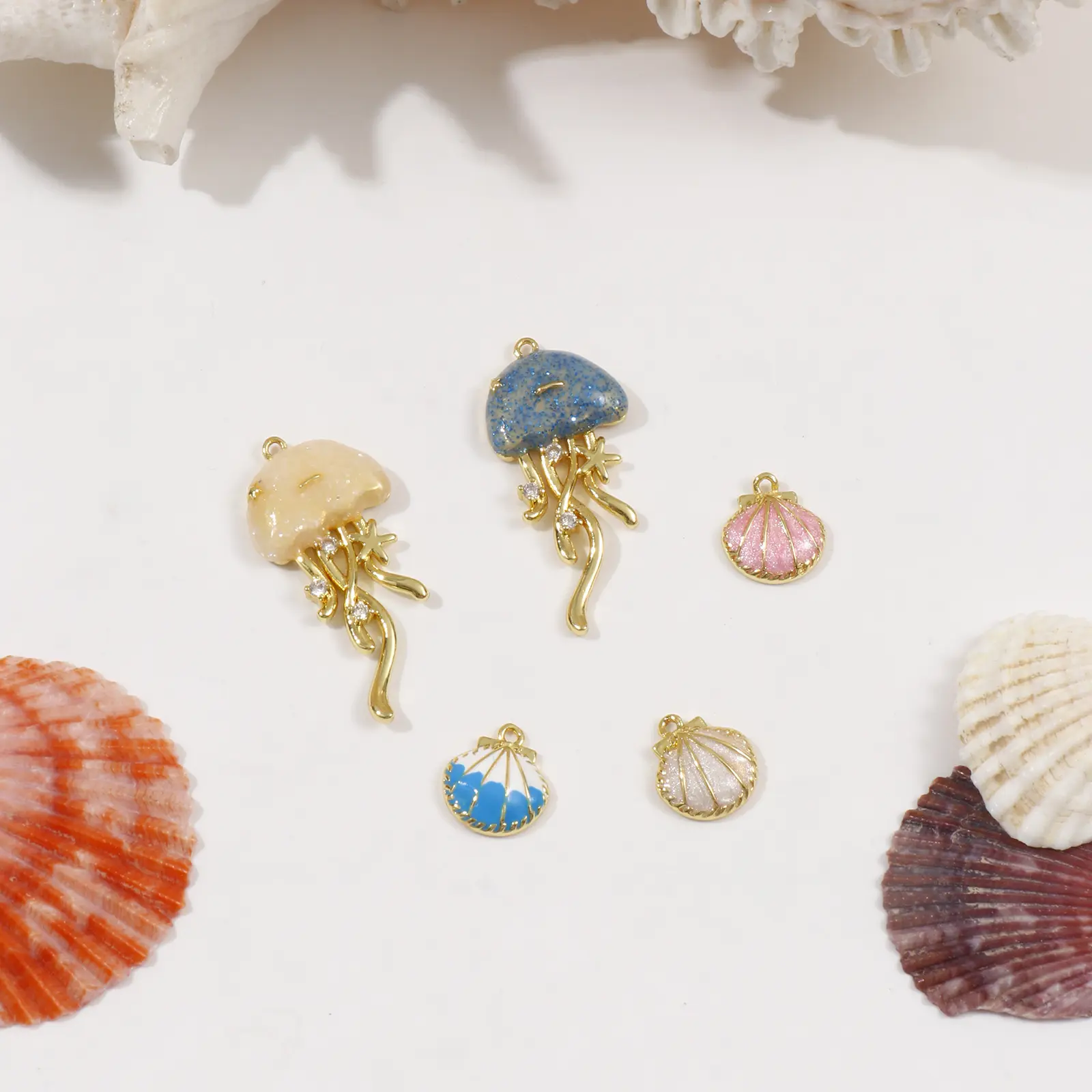 1 Piece Brass Ocean Jewelry Charms 18K Gold Plated Enamel Shell Jellyfish Pendant For DIY Necklace Bracelet Making