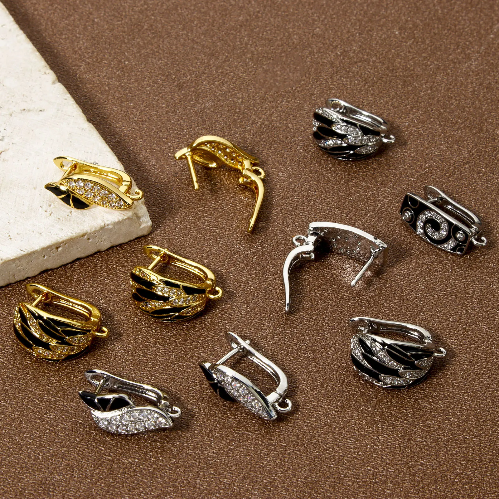 1/2 Pair Brass Micro Pave Hoop Earrings With Loop Black Enamel Clear Cubic Zirconia Earwires Fasteners
Accessories For Earring