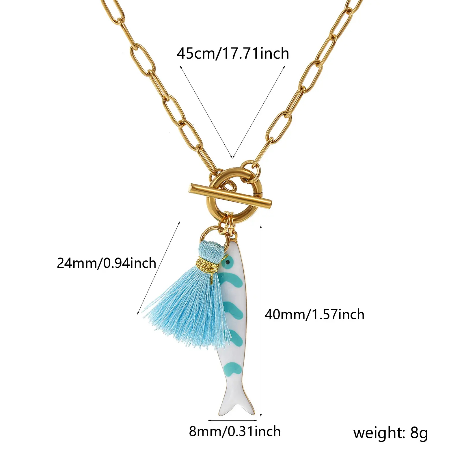 304 Stainless Steel Fish Pendant Charm Necklace 18K Gold Plated Paperclip Link Chain Tassel Double-sided Enamel Ocean Jewelry