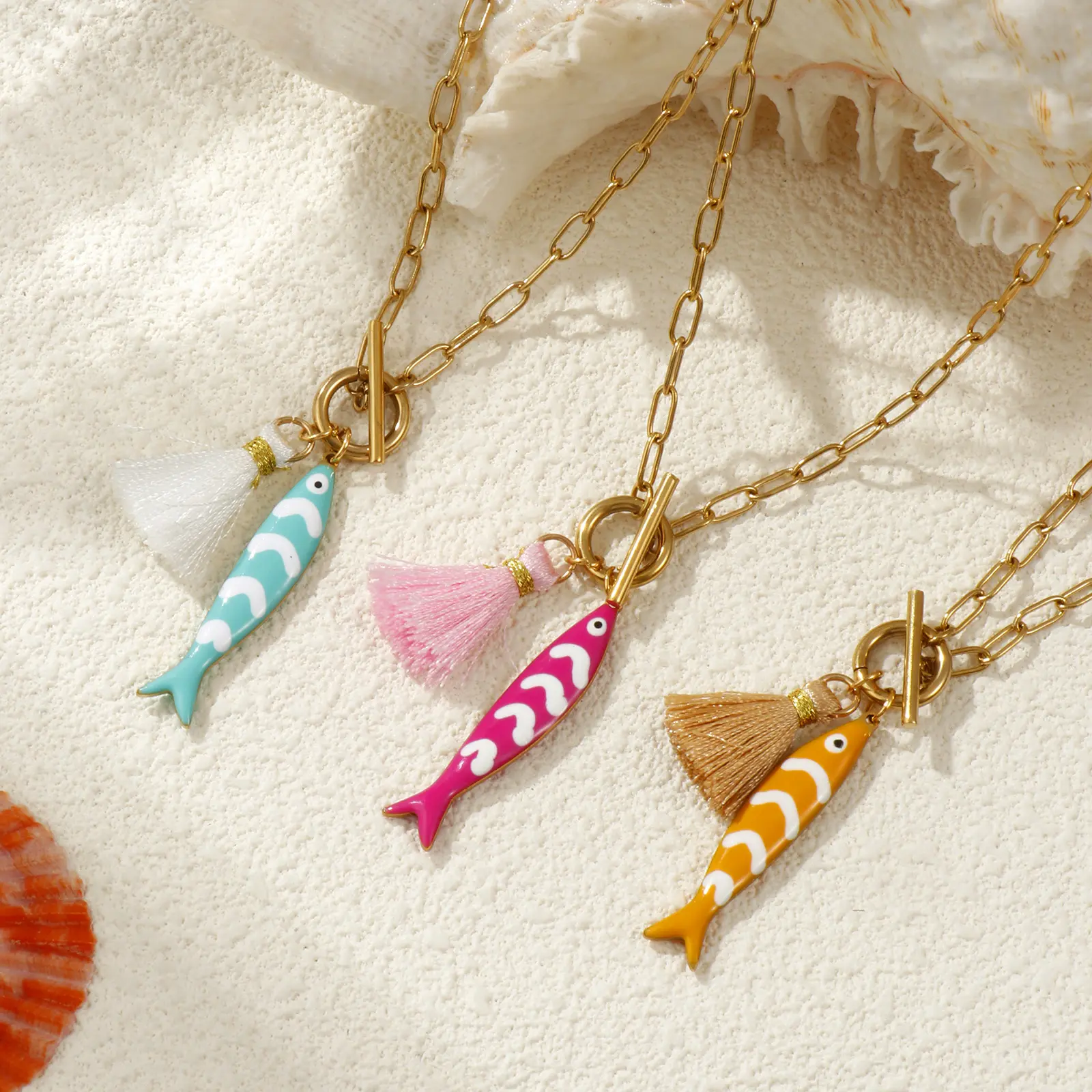 304 Stainless Steel Fish Pendant Charm Necklace 18K Gold Plated Paperclip Link Chain Tassel Double-sided Enamel Ocean Jewelry