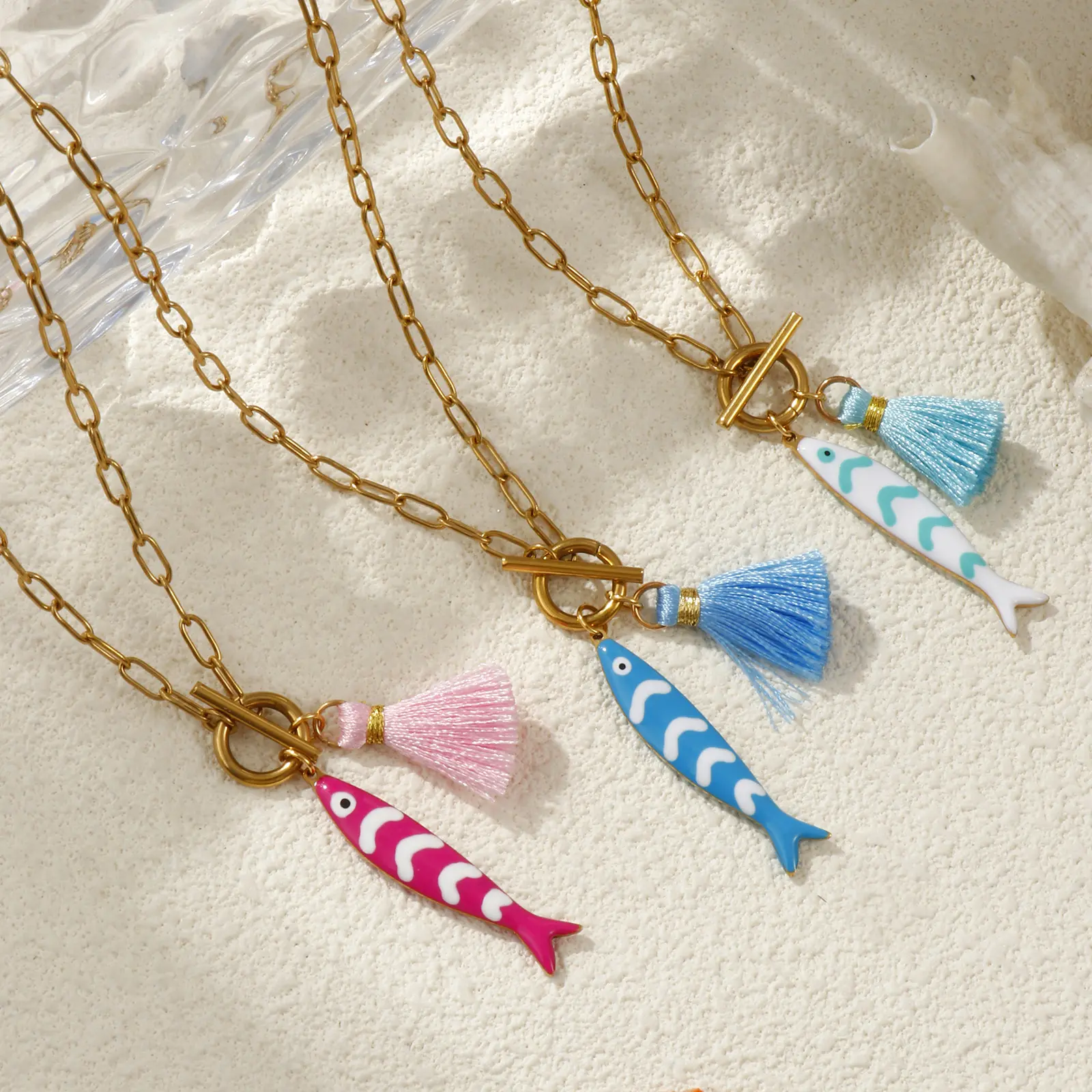 304 Stainless Steel Fish Pendant Charm Necklace 18K Gold Plated Paperclip Link Chain Tassel Double-sided Enamel Ocean Jewelry
