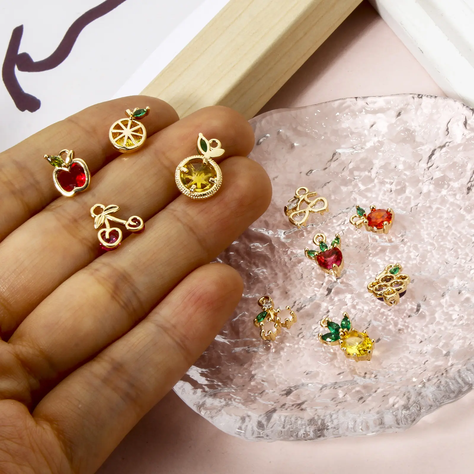2 Pcs Brass Charms 18K Real Gold Plated Fruit Rhinestone Pineapple Orange Cherry Strawberry Pendants For DIY Necklace Making