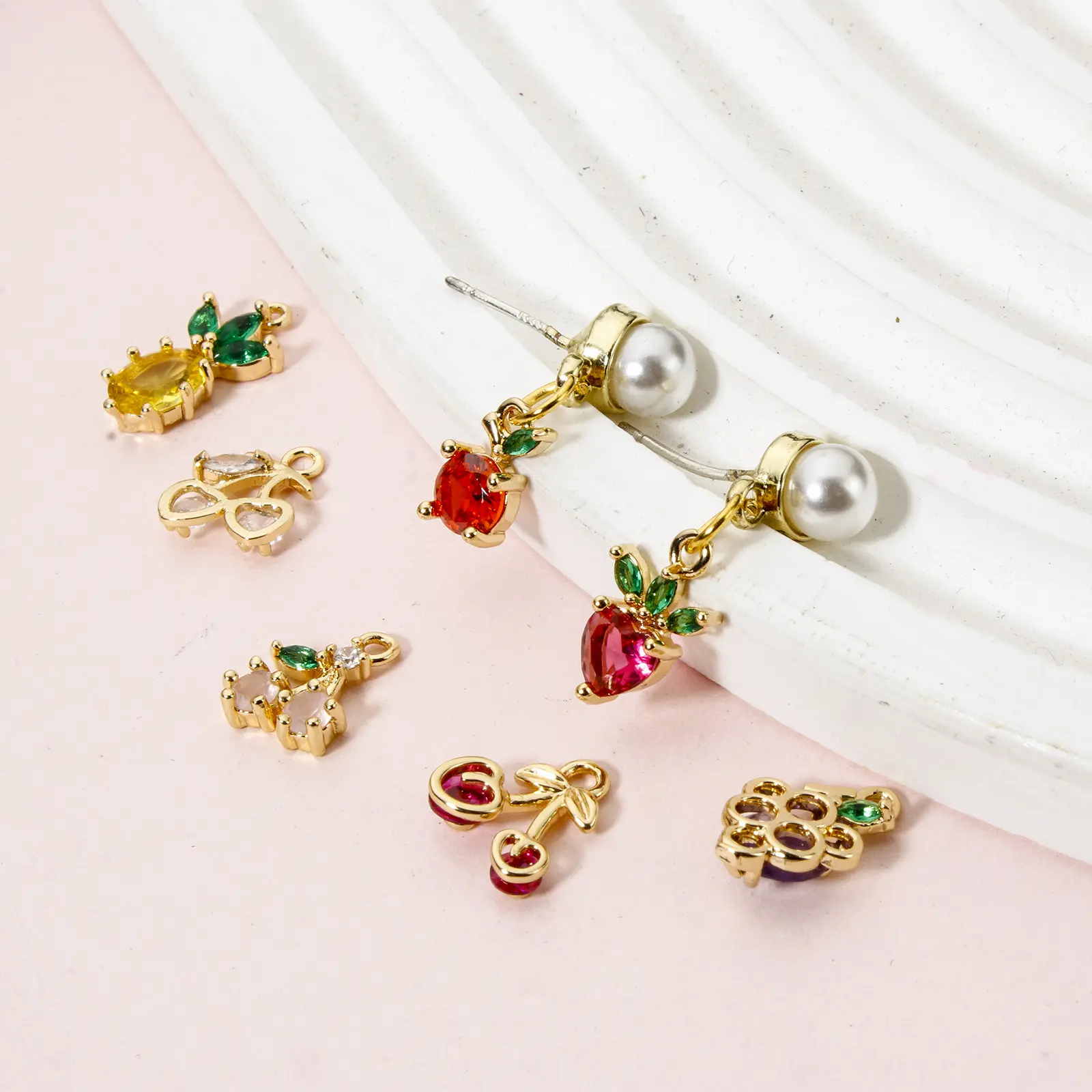 2 Pcs Brass Charms 18K Real Gold Plated Fruit Rhinestone Pineapple Orange Cherry Strawberry Pendants For DIY Necklace Making