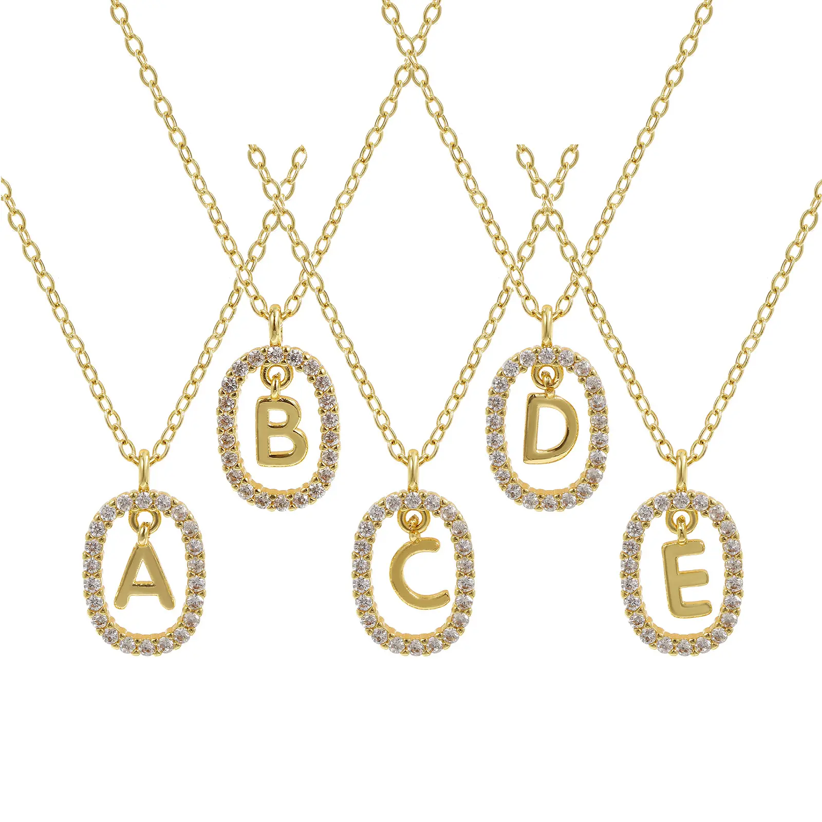 18K Gold Plated Brass Hollow Letter "A-Z" Pendant Necklace Clear Cubic Zirconia Capital Alphabet Jewelry For Women Gift 46cm