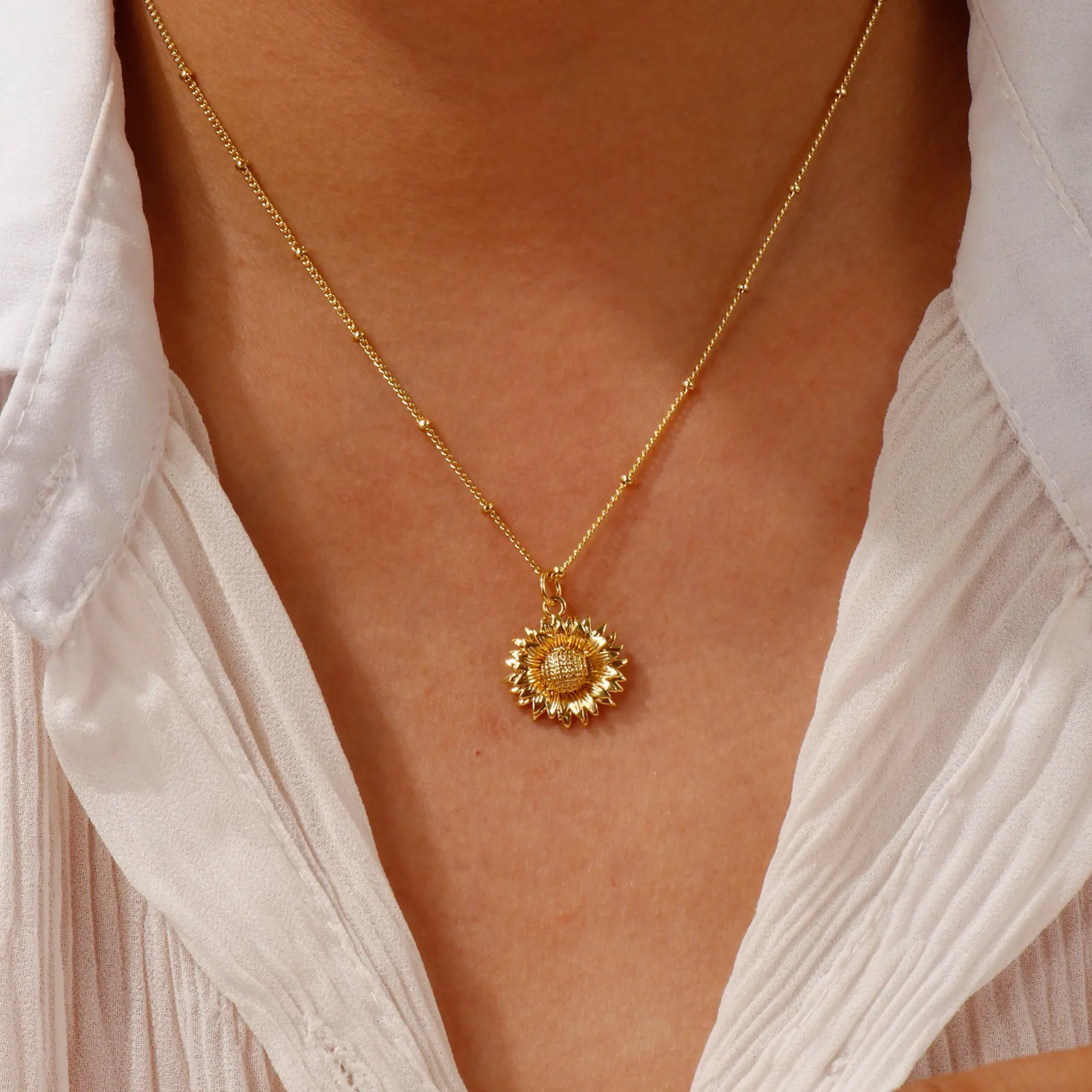 1 Piece Curb Link Chain Sunflower 18K Gold Plated Pendant Charm Necklace Brass 45cm(17.7") + 5cm(2") For Women Jewelry Gift