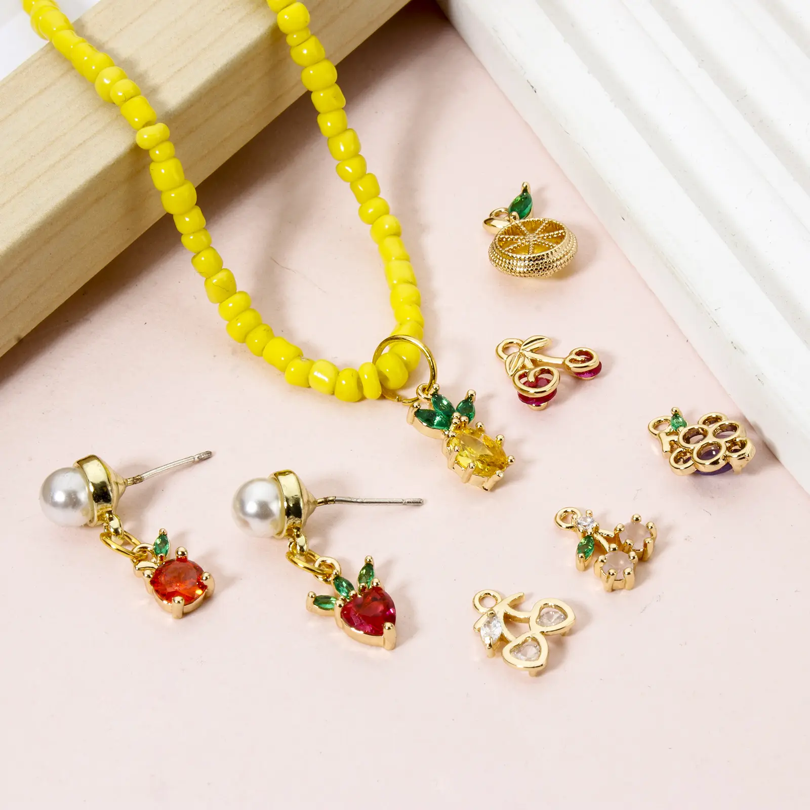 2 Pcs Brass Charms 18K Real Gold Plated Fruit Rhinestone Pineapple Orange Cherry Strawberry Pendants For DIY Necklace Making