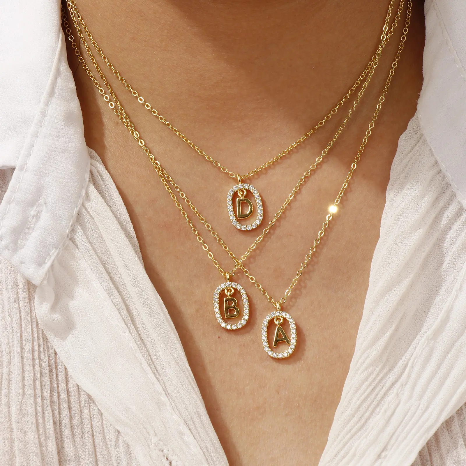 18K Gold Plated Brass Hollow Letter "A-Z" Pendant Necklace Clear Cubic Zirconia Capital Alphabet Jewelry For Women Gift 46cm