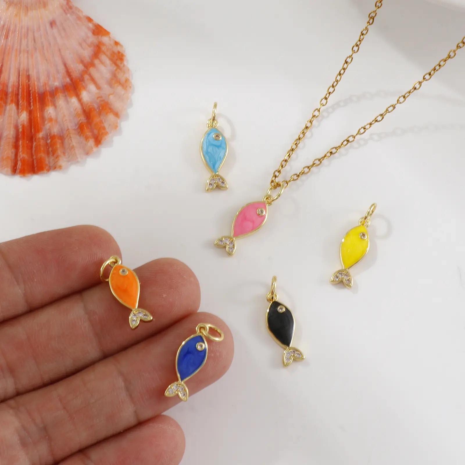 1 Piece Brass Ocean Fish Jewelry Charms 18K Gold Plated Enamel Pearlized Clear Cubic Zirconia Pendant Necklace DIY 19mm x 6mm