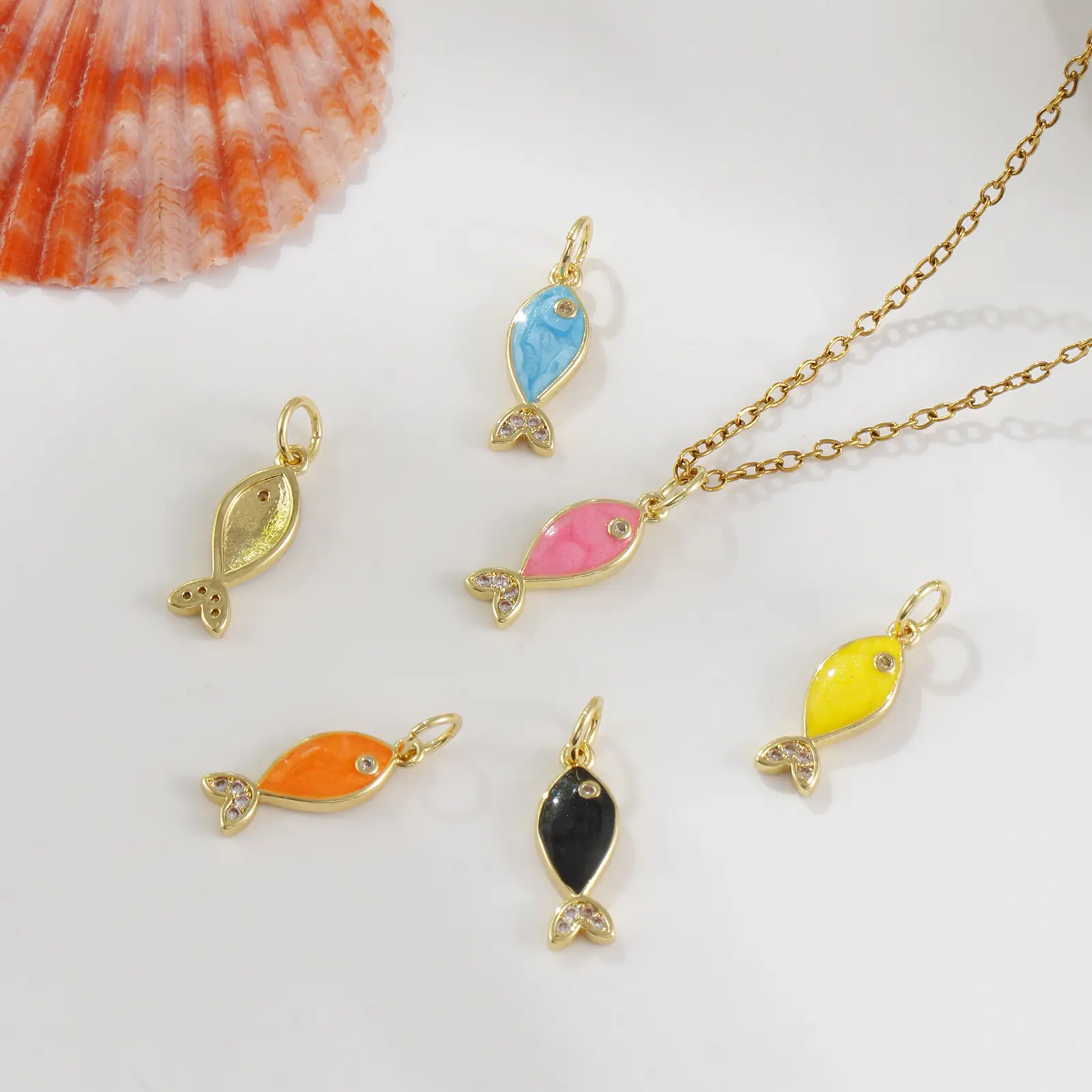 1 Piece Brass Ocean Fish Jewelry Charms 18K Gold Plated Enamel Pearlized Clear Cubic Zirconia Pendant Necklace DIY 19mm x 6mm