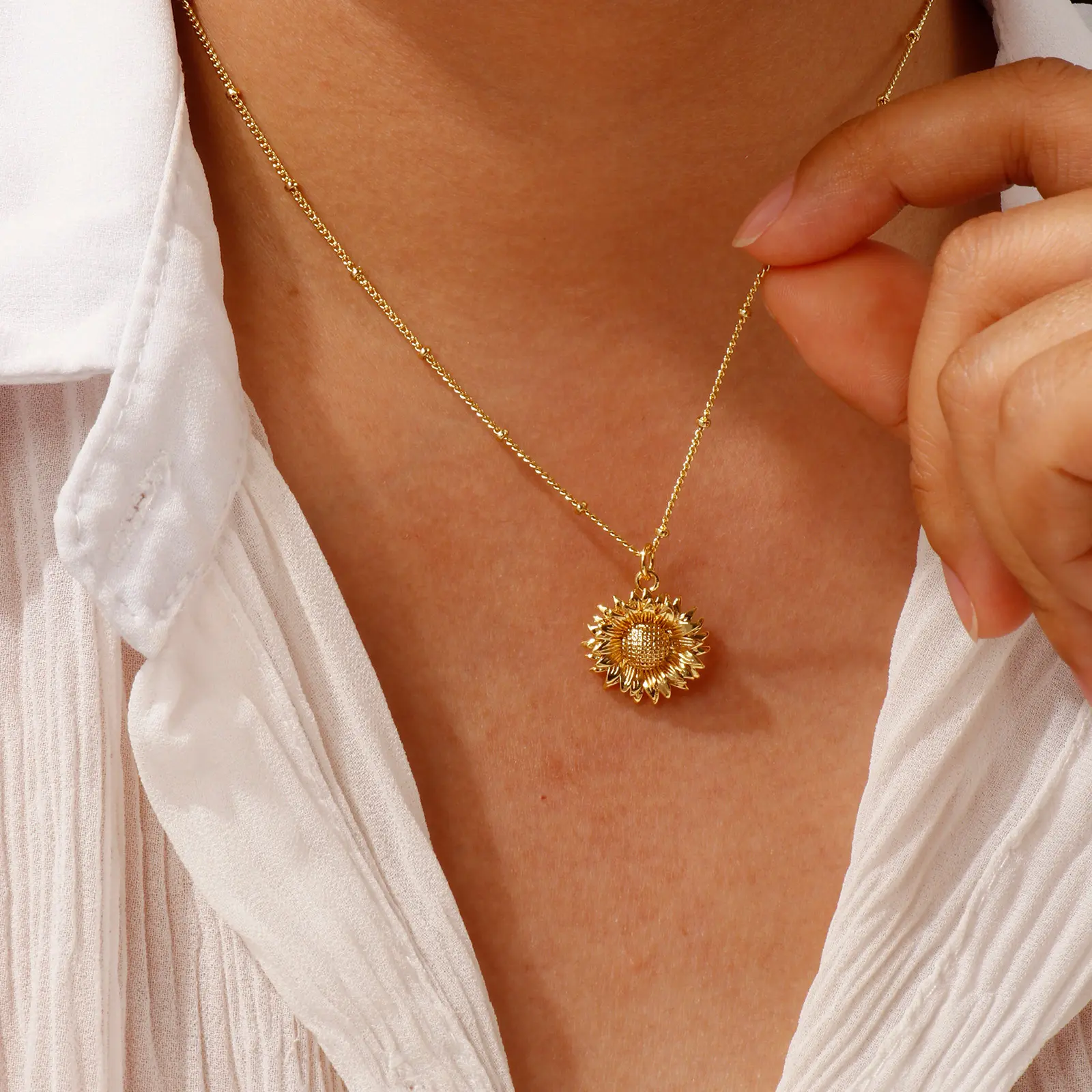 1 Piece Curb Link Chain Sunflower 18K Gold Plated Pendant Charm Necklace Brass 45cm(17.7") + 5cm(2") For Women Jewelry Gift