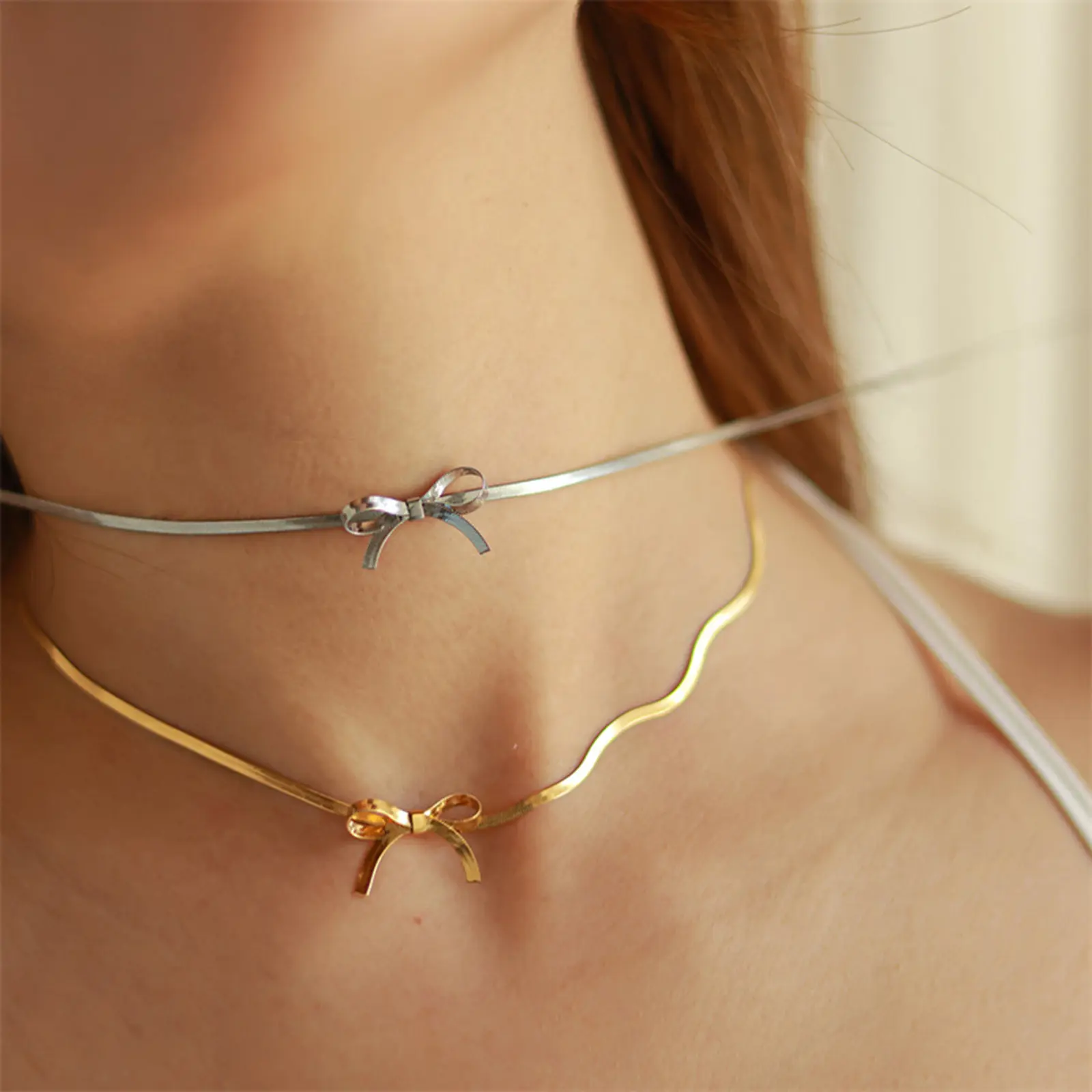 1 Piece Classic 304 Stainless Steel Bow-knot Choker Necklace For Women Jewelry Snake Chain Party Gift Party 33cm long