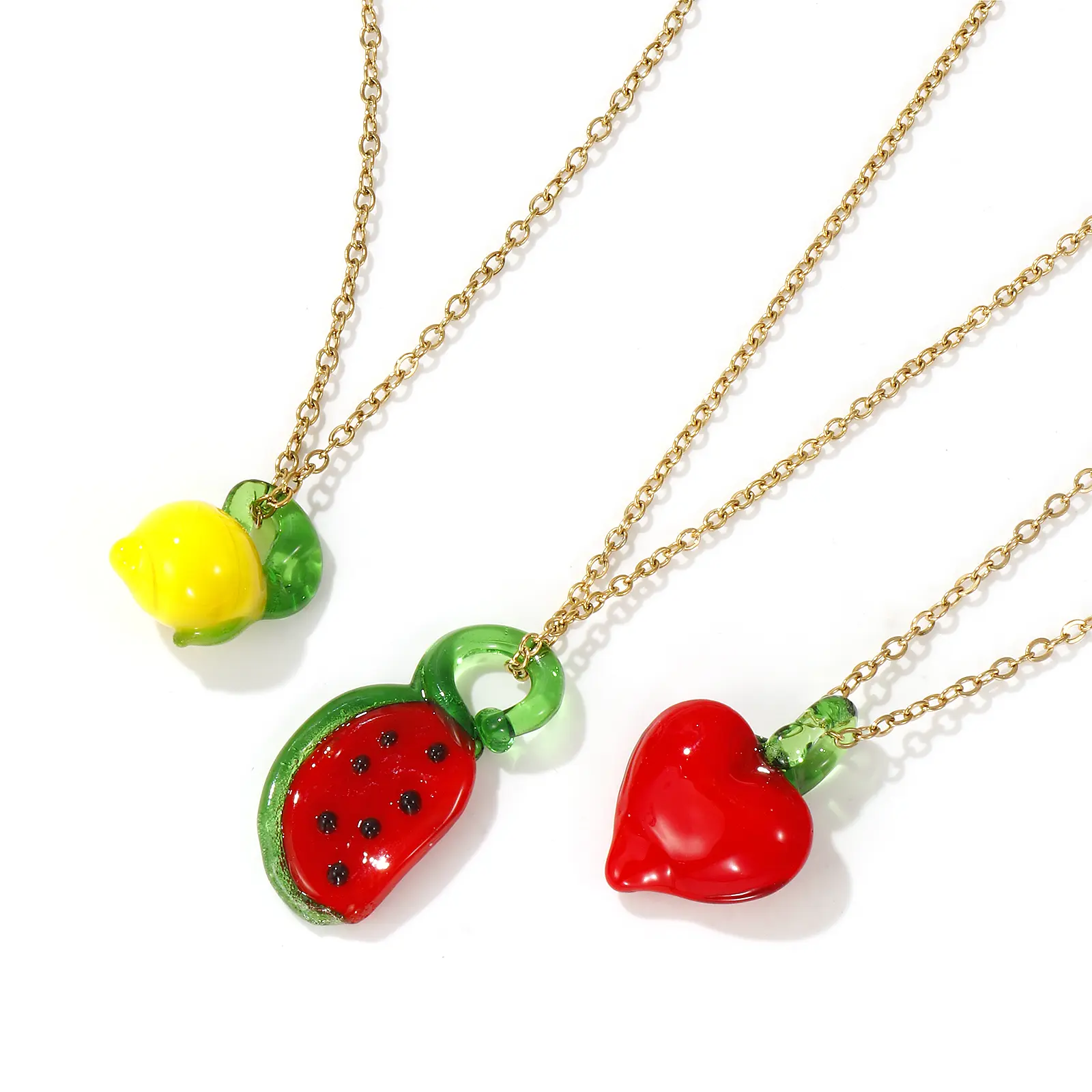 304 Stainless Steel & Lampwork Glass Necklace Link Cable Chain Pendant Fruit Apple Charm Cherry 45cm(17.7") + 5cm(2") For Women