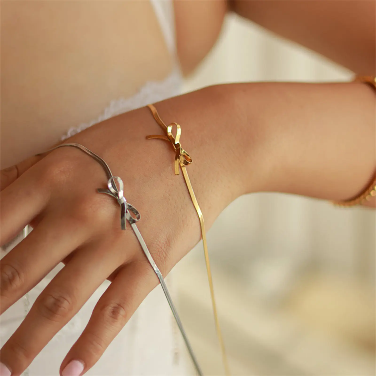 1 Piece Classic 304 Stainless Steel Bow-knot Choker Necklace For Women Jewelry Snake Chain Party Gift Party 33cm long