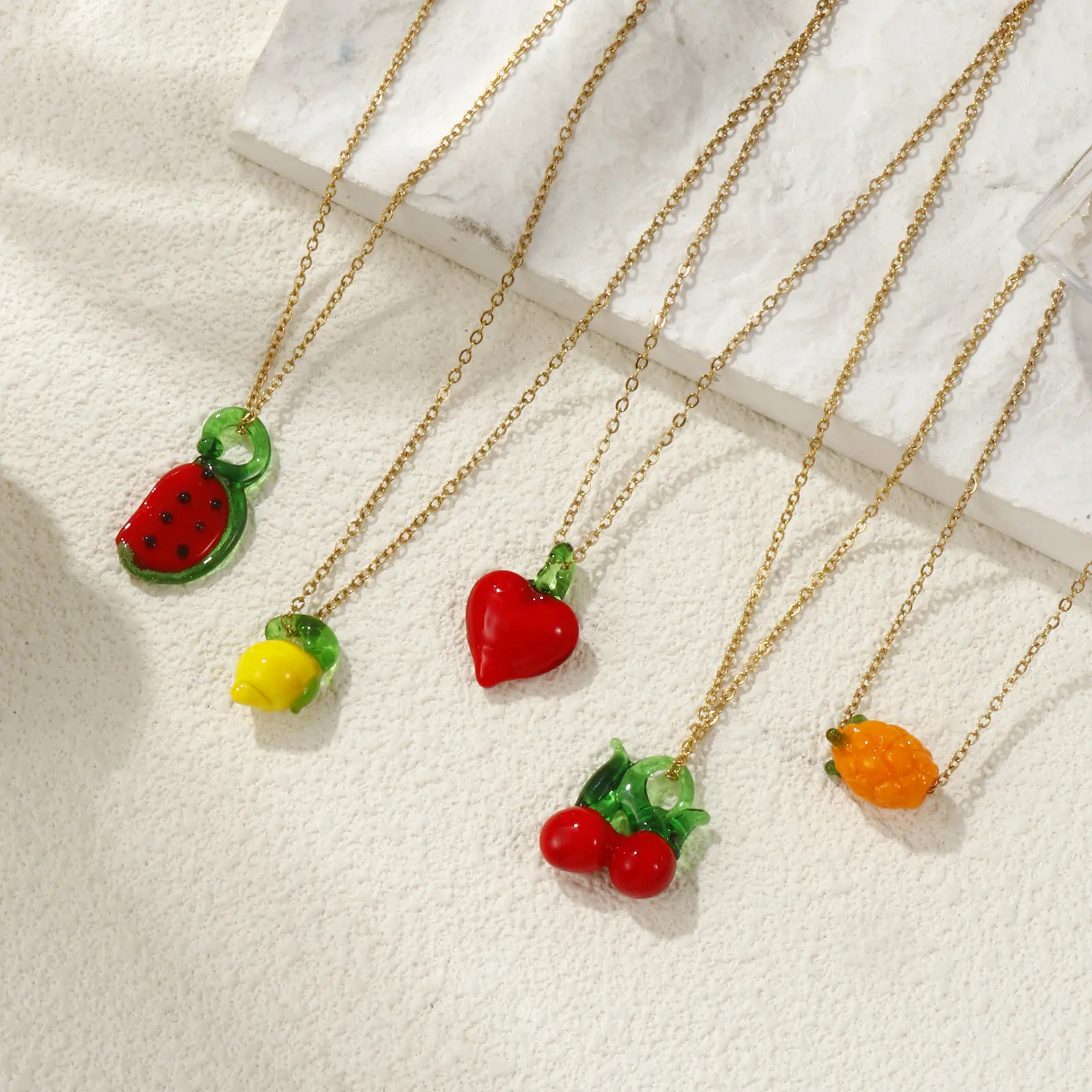 304 Stainless Steel & Lampwork Glass Necklace Link Cable Chain Pendant Fruit Apple Charm Cherry 45cm(17.7") + 5cm(2") For Women