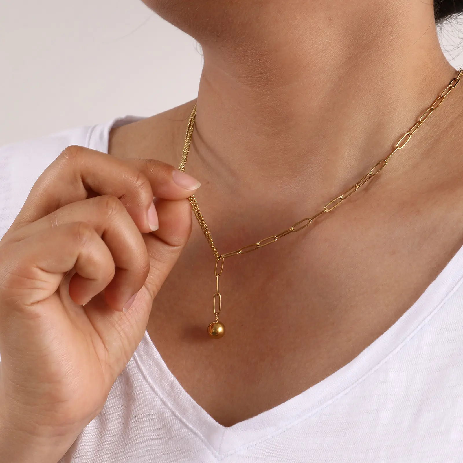 1Piece Double Layer Pendant Necklace 304 Stainless Steel Paperclip Link Chain With Ball Chain Choker For Women Jewelry Gift 51cm