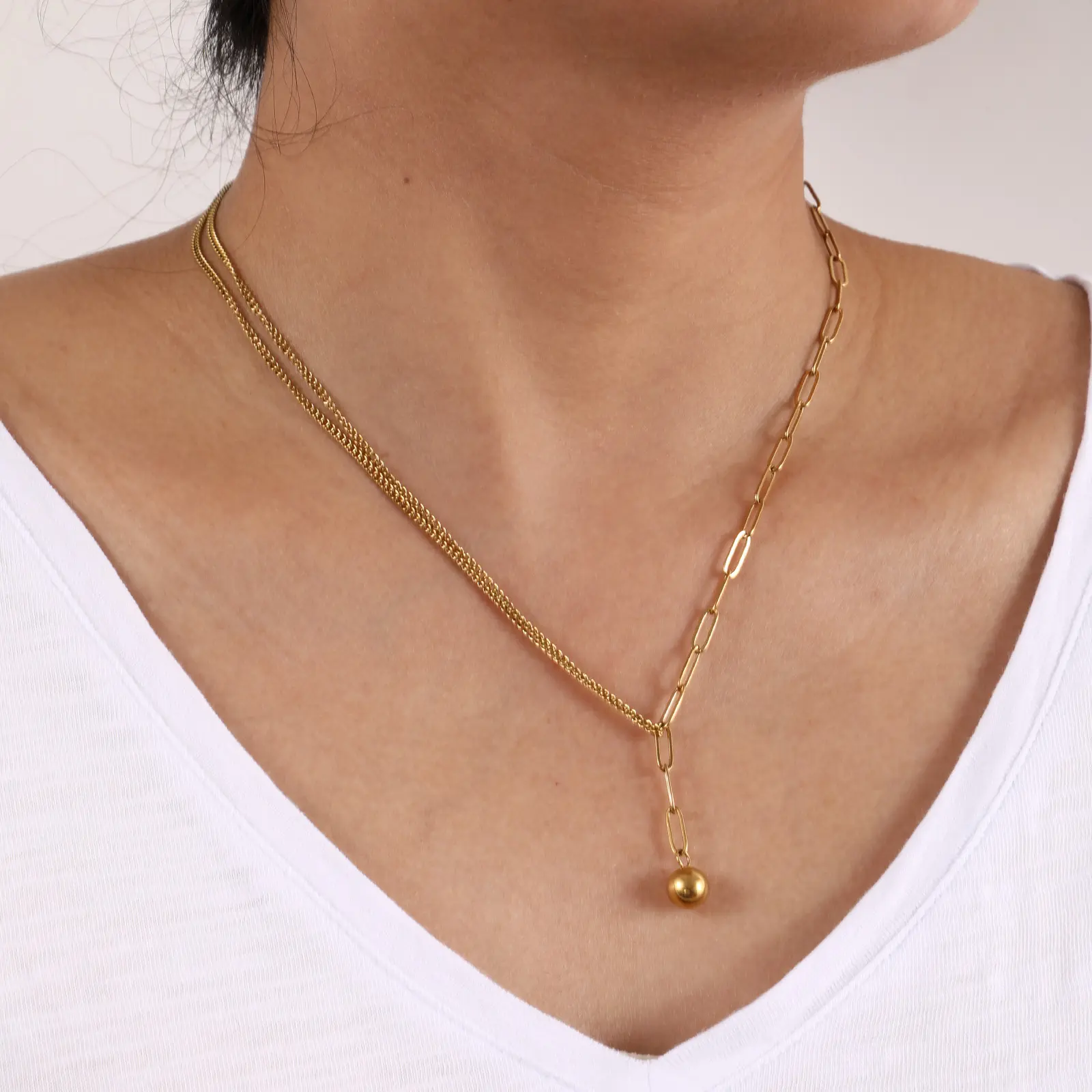 1Piece Double Layer Pendant Necklace 304 Stainless Steel Paperclip Link Chain With Ball Chain Choker For Women Jewelry Gift 51cm