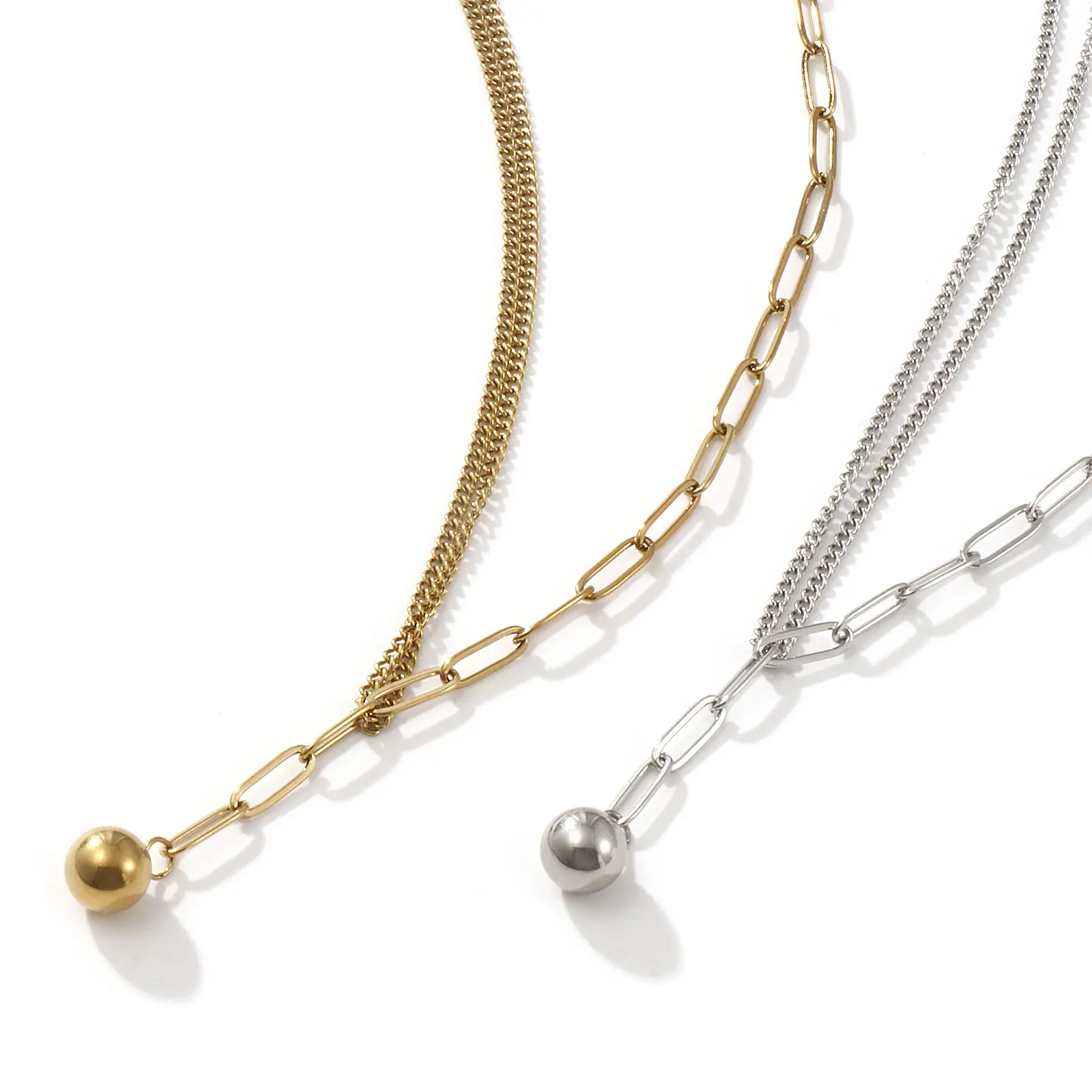 1Piece Double Layer Pendant Necklace 304 Stainless Steel Paperclip Link Chain With Ball Chain Choker For Women Jewelry Gift 51cm