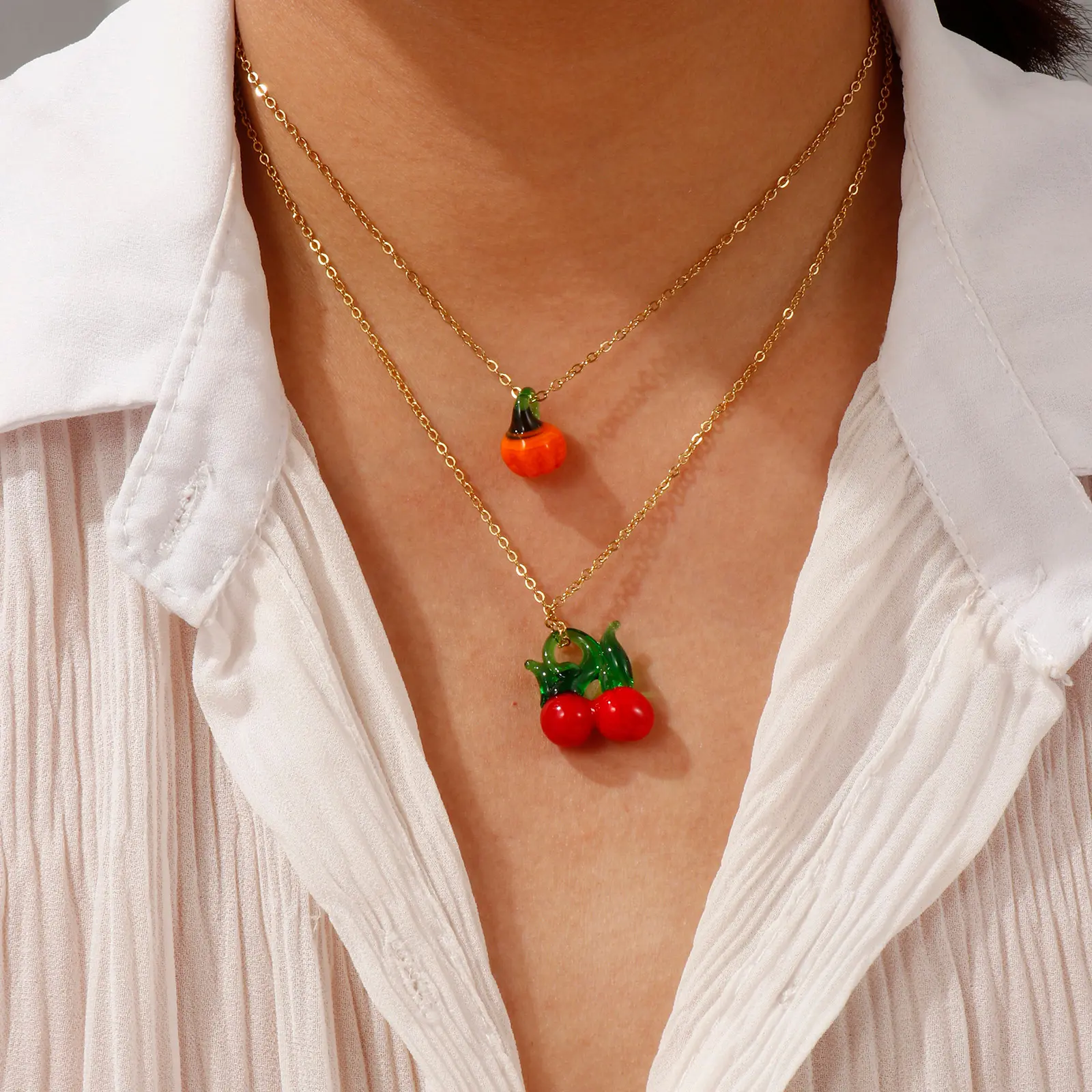 304 Stainless Steel & Lampwork Glass Necklace Link Cable Chain Pendant Fruit Apple Charm Cherry 45cm(17.7") + 5cm(2") For Women