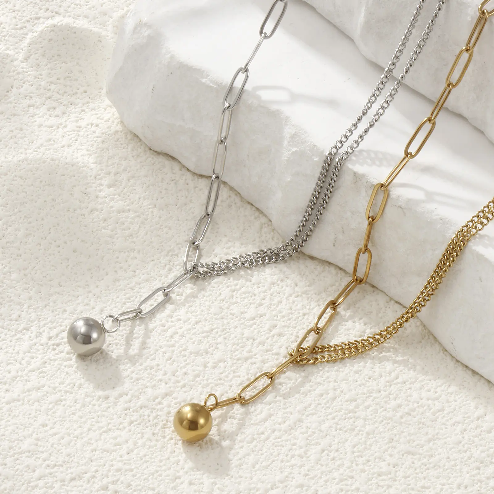 1Piece Double Layer Pendant Necklace 304 Stainless Steel Paperclip Link Chain With Ball Chain Choker For Women Jewelry Gift 51cm