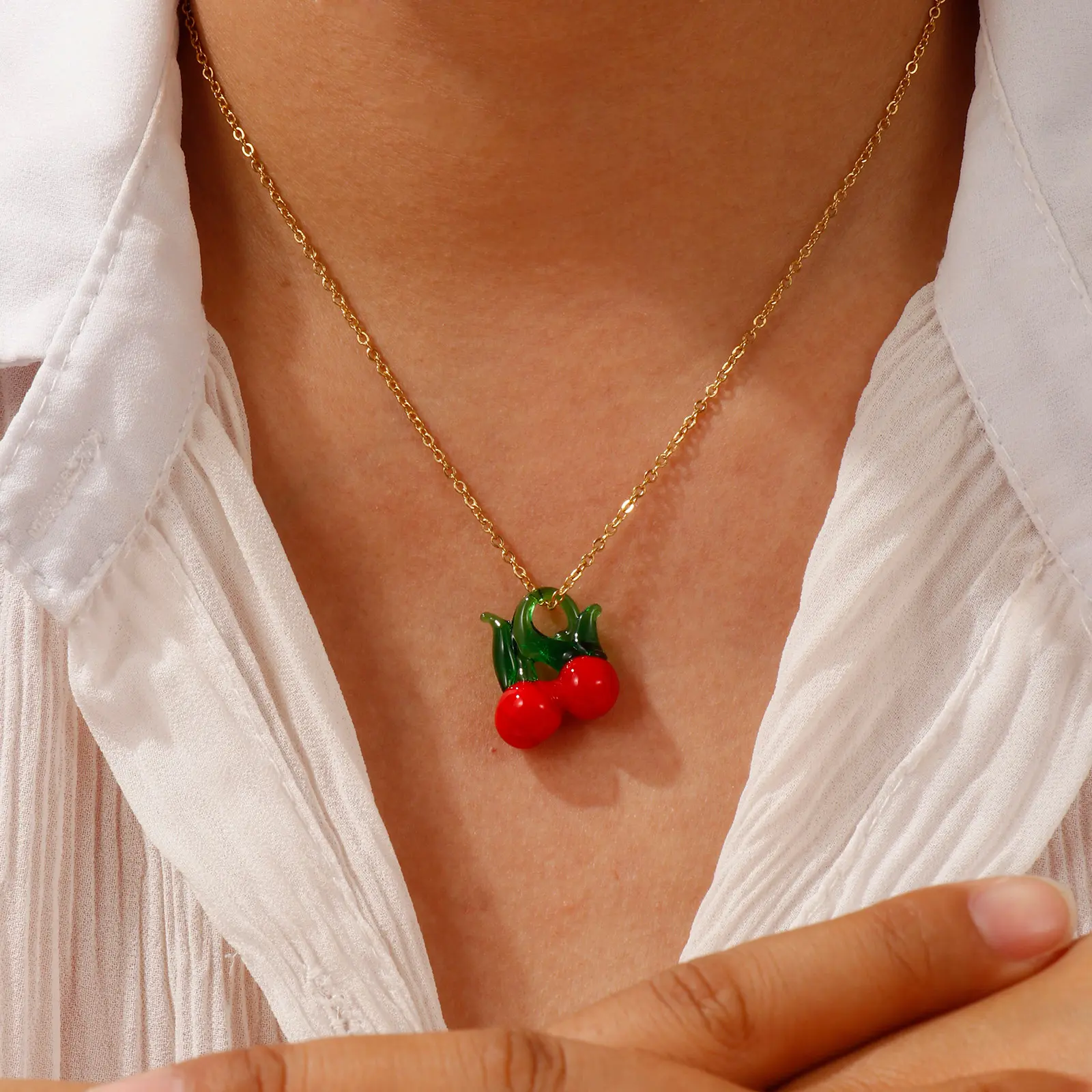 304 Stainless Steel & Lampwork Glass Necklace Link Cable Chain Pendant Fruit Apple Charm Cherry 45cm(17.7") + 5cm(2") For Women