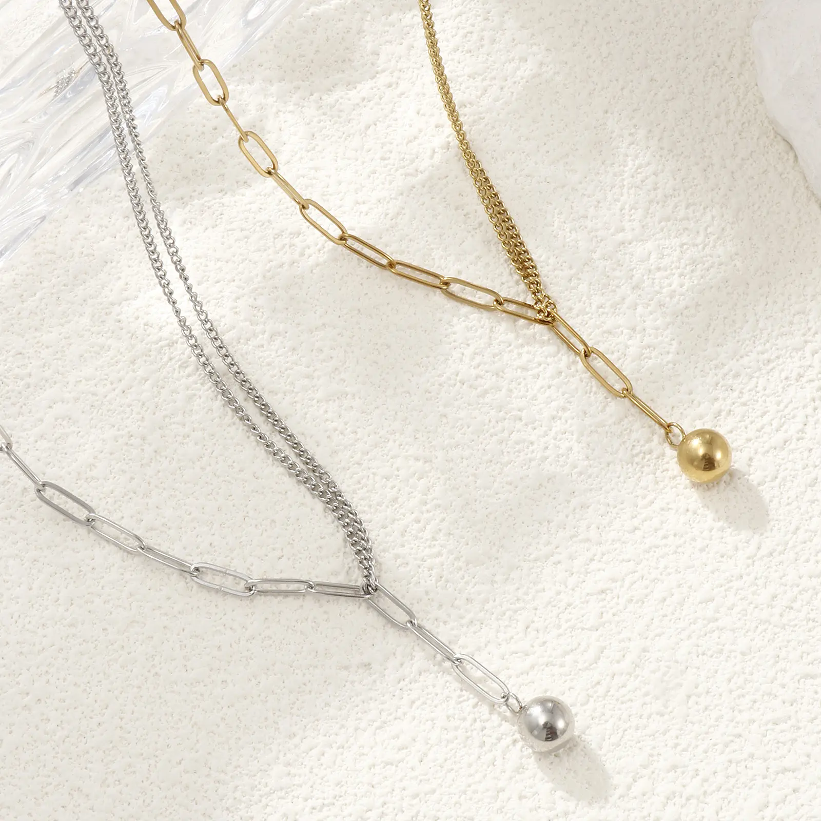 1Piece Double Layer Pendant Necklace 304 Stainless Steel Paperclip Link Chain With Ball Chain Choker For Women Jewelry Gift 51cm