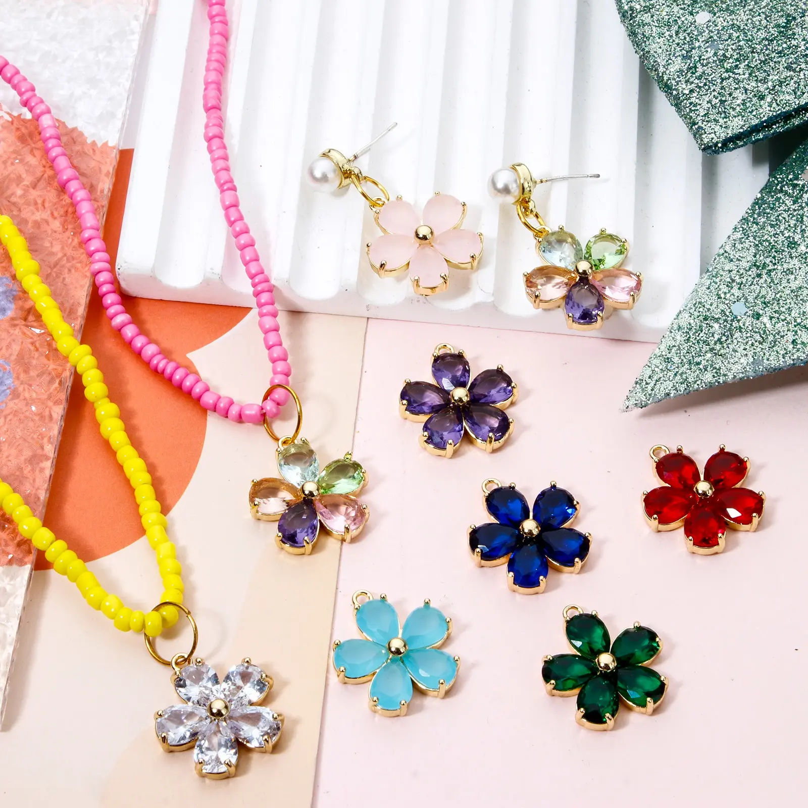 1 Piece Glass Flower Charms 18K Gold Plated Brass Metal Pendant For DIY Jewelry Earrings Necklace Making Findings 21mm x 18.5mm