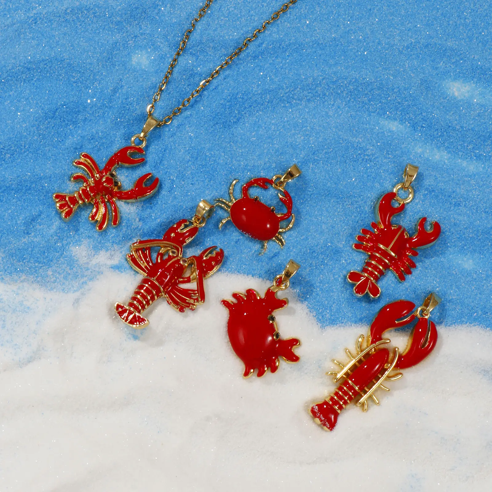 2 Pcs Brass Ocean Jewelry Charms Red Enamel Crab Lobster 18K Gold Plated Pendant For DIY Necklace Jewelry Making Findings