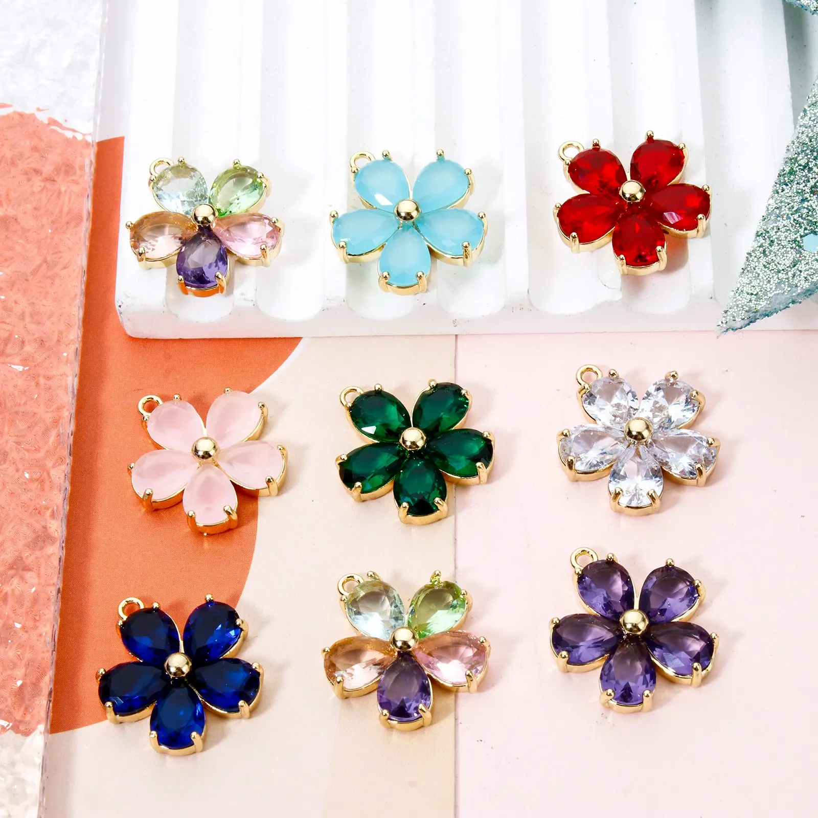 1 Piece Glass Flower Charms 18K Gold Plated Brass Metal Pendant For DIY Jewelry Earrings Necklace Making Findings 21mm x 18.5mm