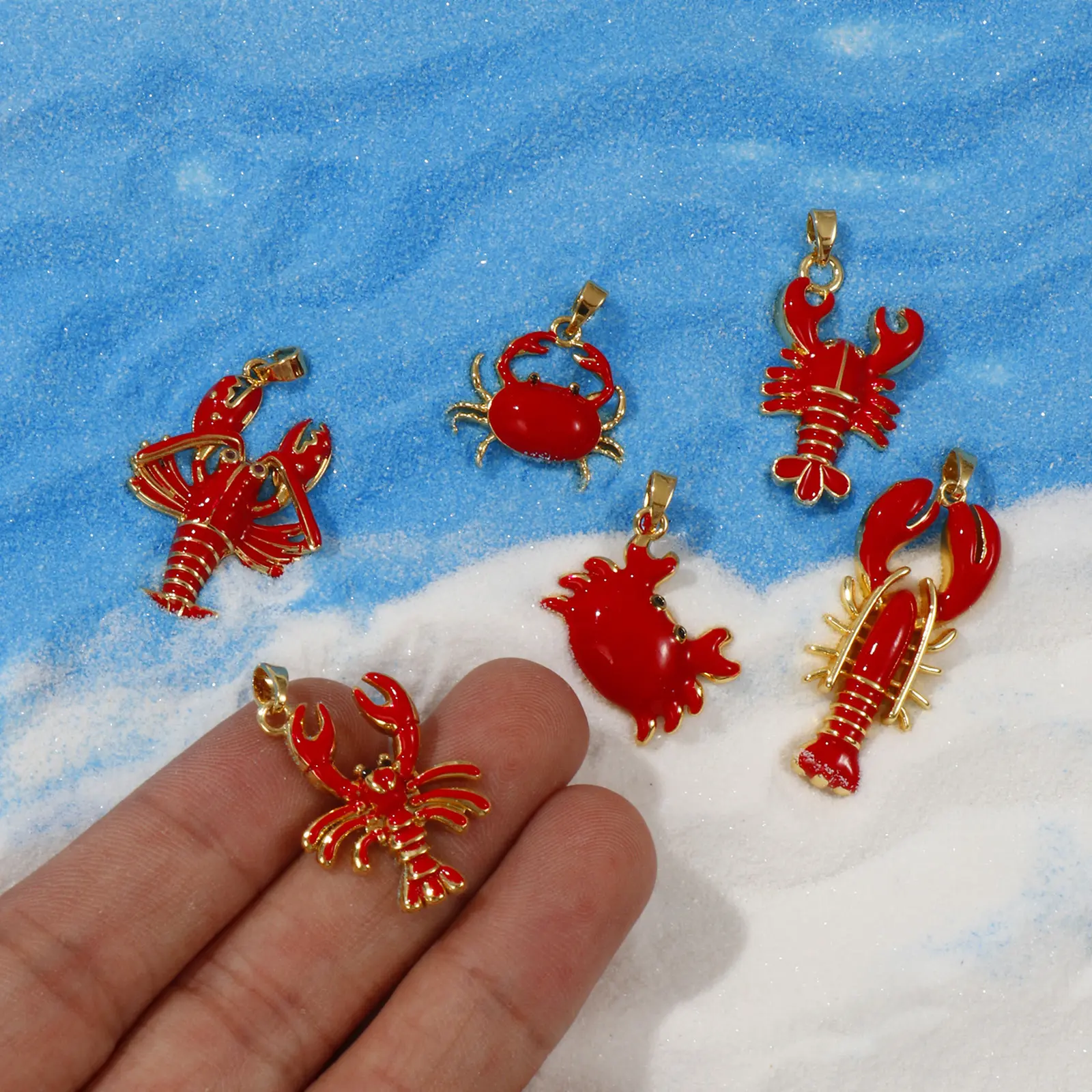 2 Pcs Brass Ocean Jewelry Charms Red Enamel Crab Lobster 18K Gold Plated Pendant For DIY Necklace Jewelry Making Findings