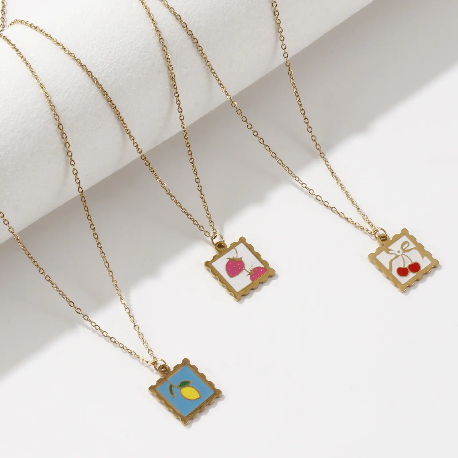 304 Stainless Steel Fruit Pendant Necklace 18K Real Gold Plated Square Lemon Cherry Necklace For Women Jewelry Gift 45cm