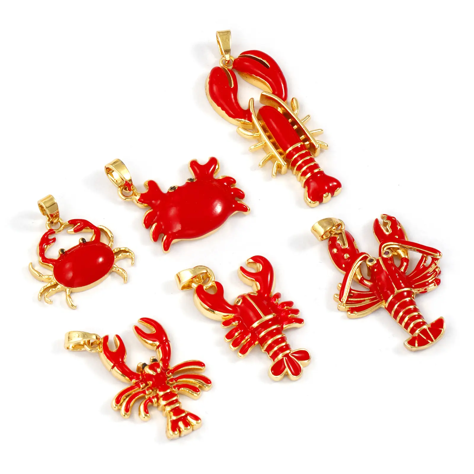 2 Pcs Brass Ocean Jewelry Charms Red Enamel Crab Lobster 18K Gold Plated Pendant For DIY Necklace Jewelry Making Findings