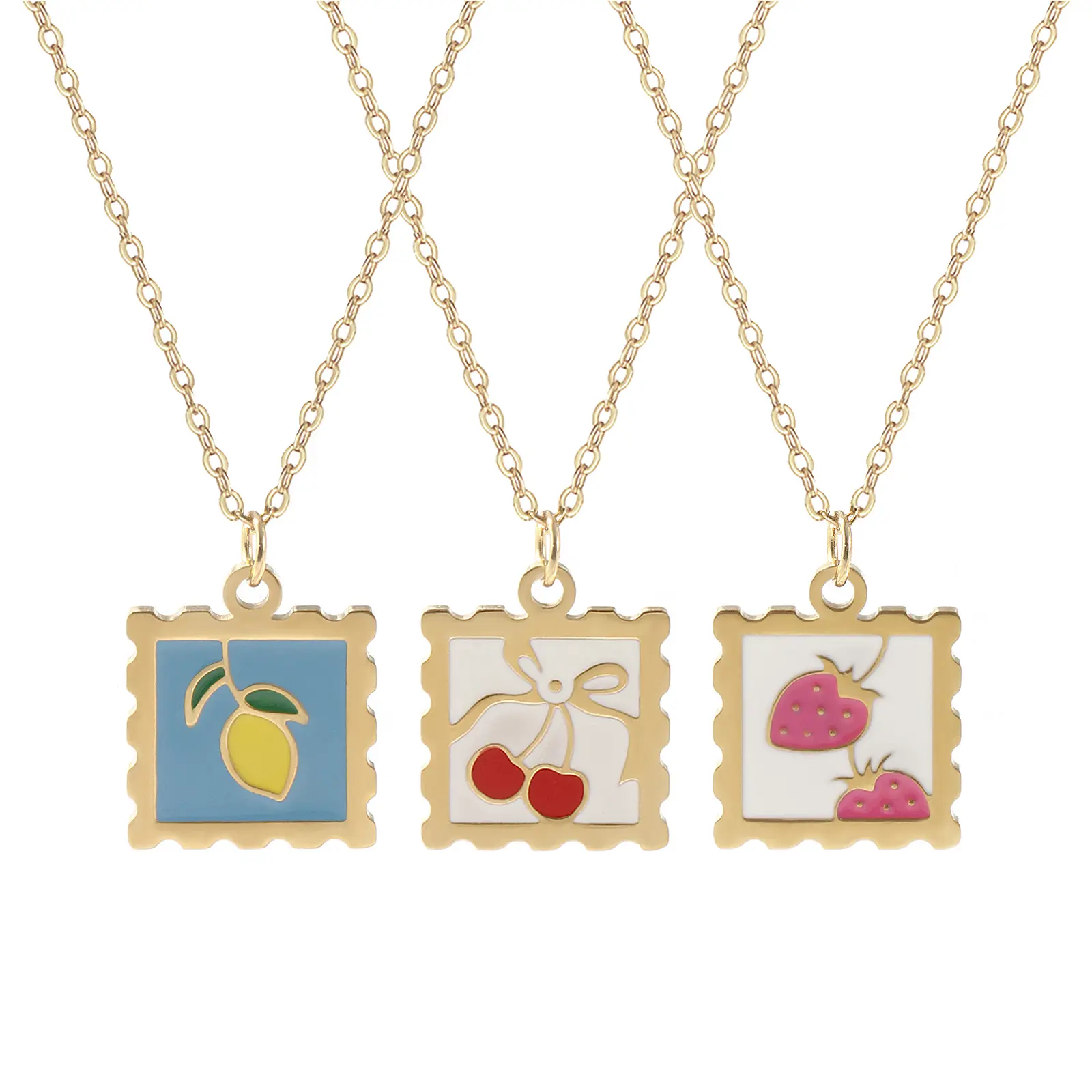 304 Stainless Steel Fruit Pendant Necklace 18K Real Gold Plated Square Lemon Cherry Necklace For Women Jewelry Gift 45cm