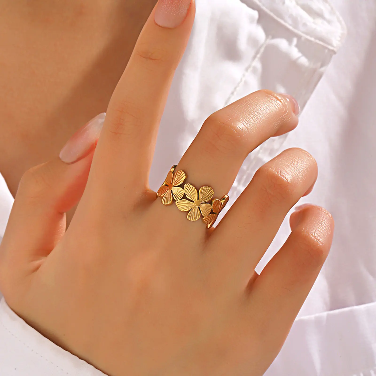 304 Stainless Steel Ins Style Open Rings For Women Men Fashion Jewelry Flower Stripe Rings Gift Party Accessory, 1 Piece