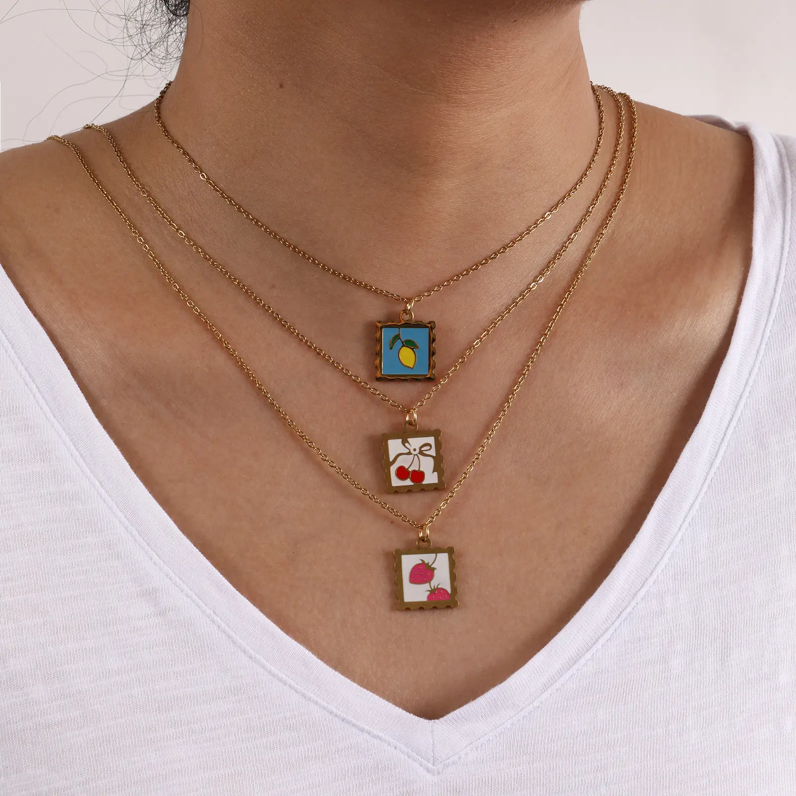 304 Stainless Steel Fruit Pendant Necklace 18K Real Gold Plated Square Lemon Cherry Necklace For Women Jewelry Gift 45cm