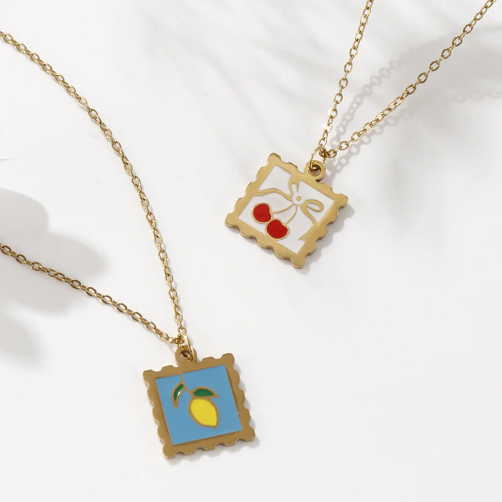 304 Stainless Steel Fruit Pendant Necklace 18K Real Gold Plated Square Lemon Cherry Necklace For Women Jewelry Gift 45cm